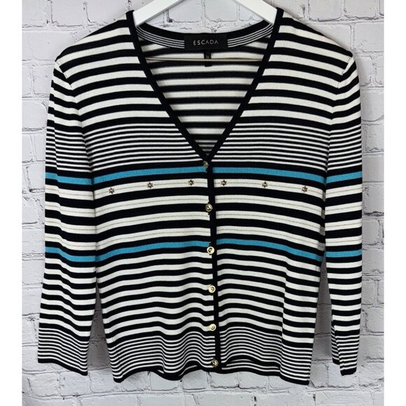 ESCADA Vintage 90's Striped Rayon Knit Striped Cardigan Size 36/Small Black Blue - Picture 1 of 9